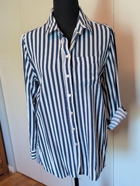 Navy and White Vertical Stripe Button-Up Shirt